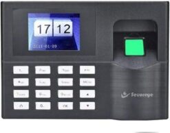 A sleek black SECUREYE Printer S-B8CB Time & Attendance device with fingerprint scanner, card reader, and ID input, designed for efficient employee attendance management.